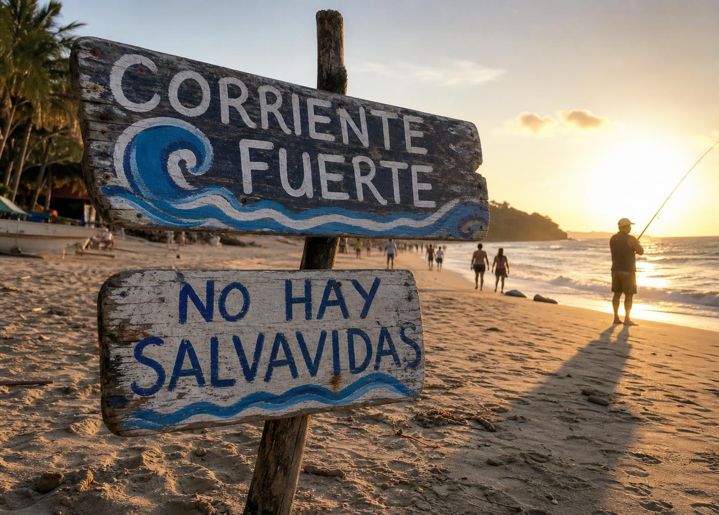 Señal rústica de seguridad hecha con madera náufraga en la playa