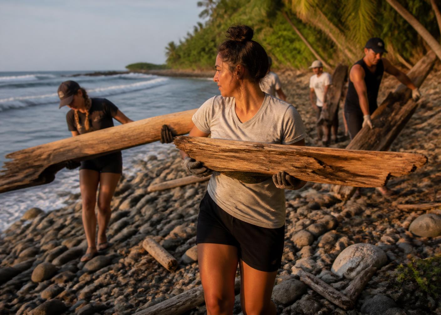 Voluntarios cargando troncos y tablas de madera náufraga en la orilla