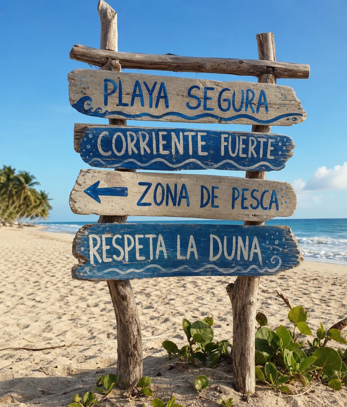 Poste de señalética rústica con tablas pintadas a mano en la playa