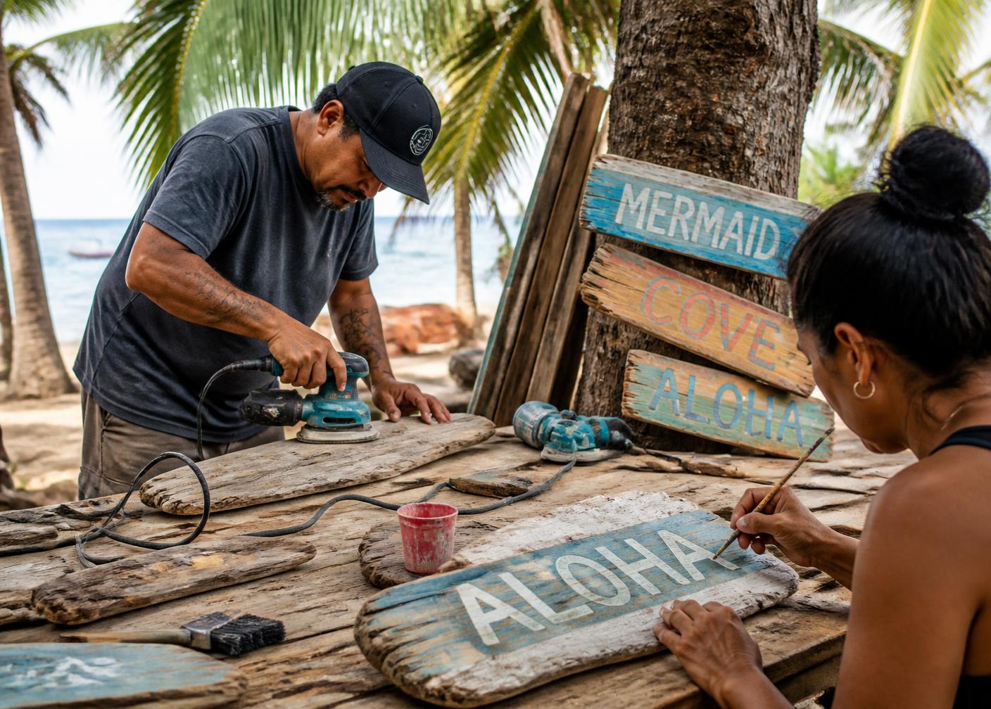 Manos lijando y pintando a mano tableros de madera recuperada