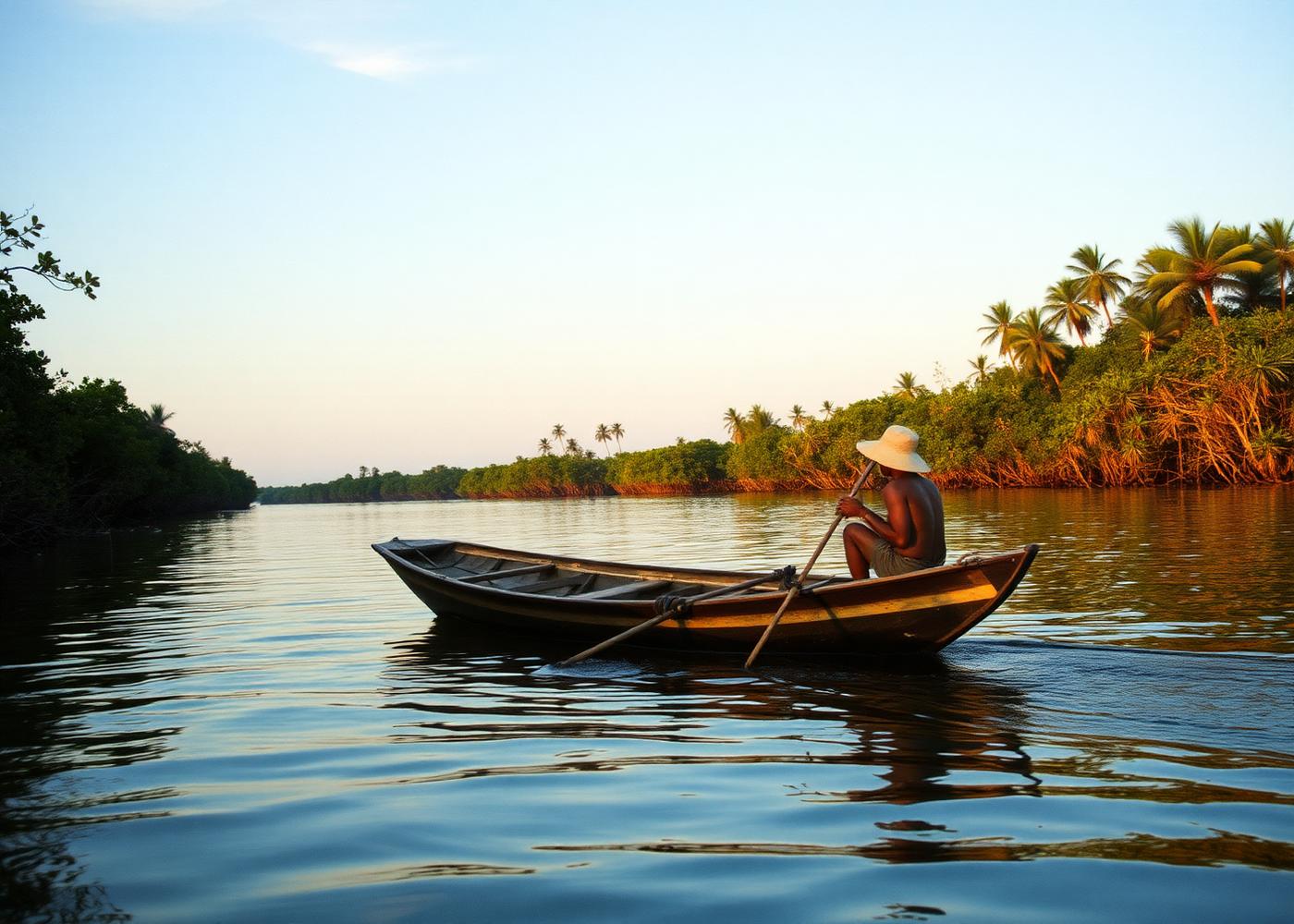 Pescador en un río tropical al atardecer